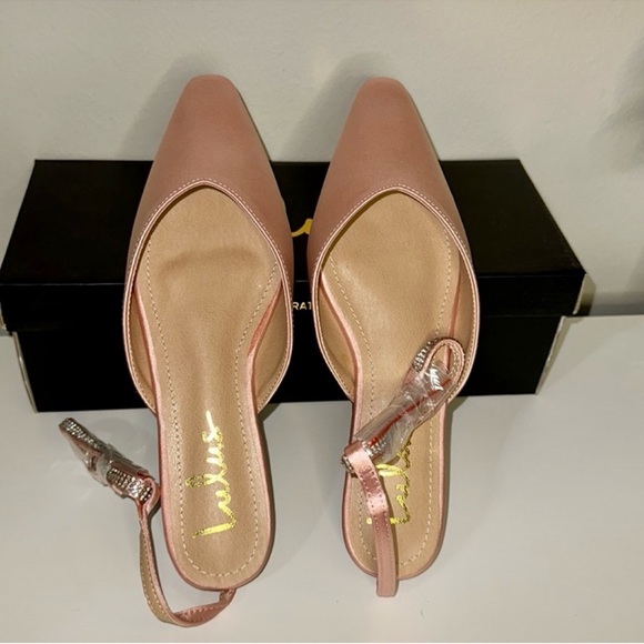 NIB Lulu’s Valetta Champagne Pink Satin Rhinestone Ankle Strap Flats 7 - Picture 8 of 12